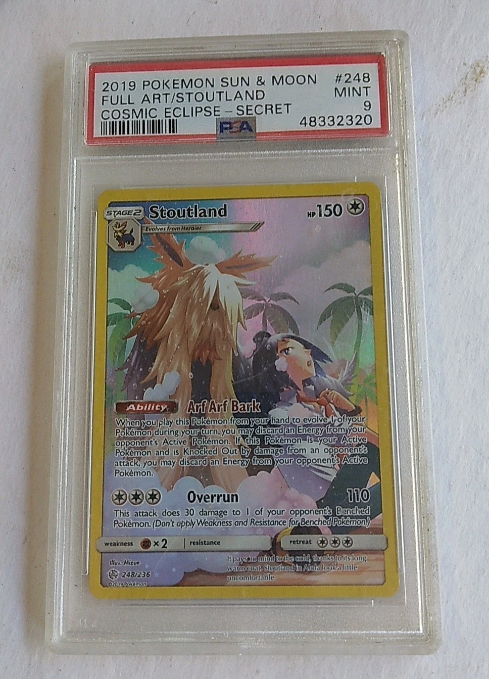 2019 Pokemon Stoutland 248/236 Cosmic Eclipse Secret Rare Full Art PSA 9 MINT