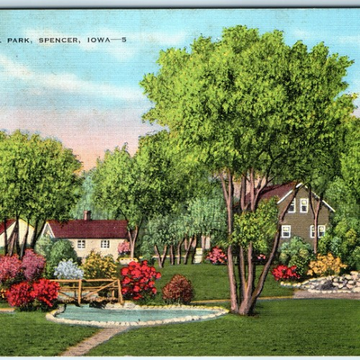 #ad c1940s Spencer IA Municipal Public Park Residential Houses Linen PC Pond A330 $6.28