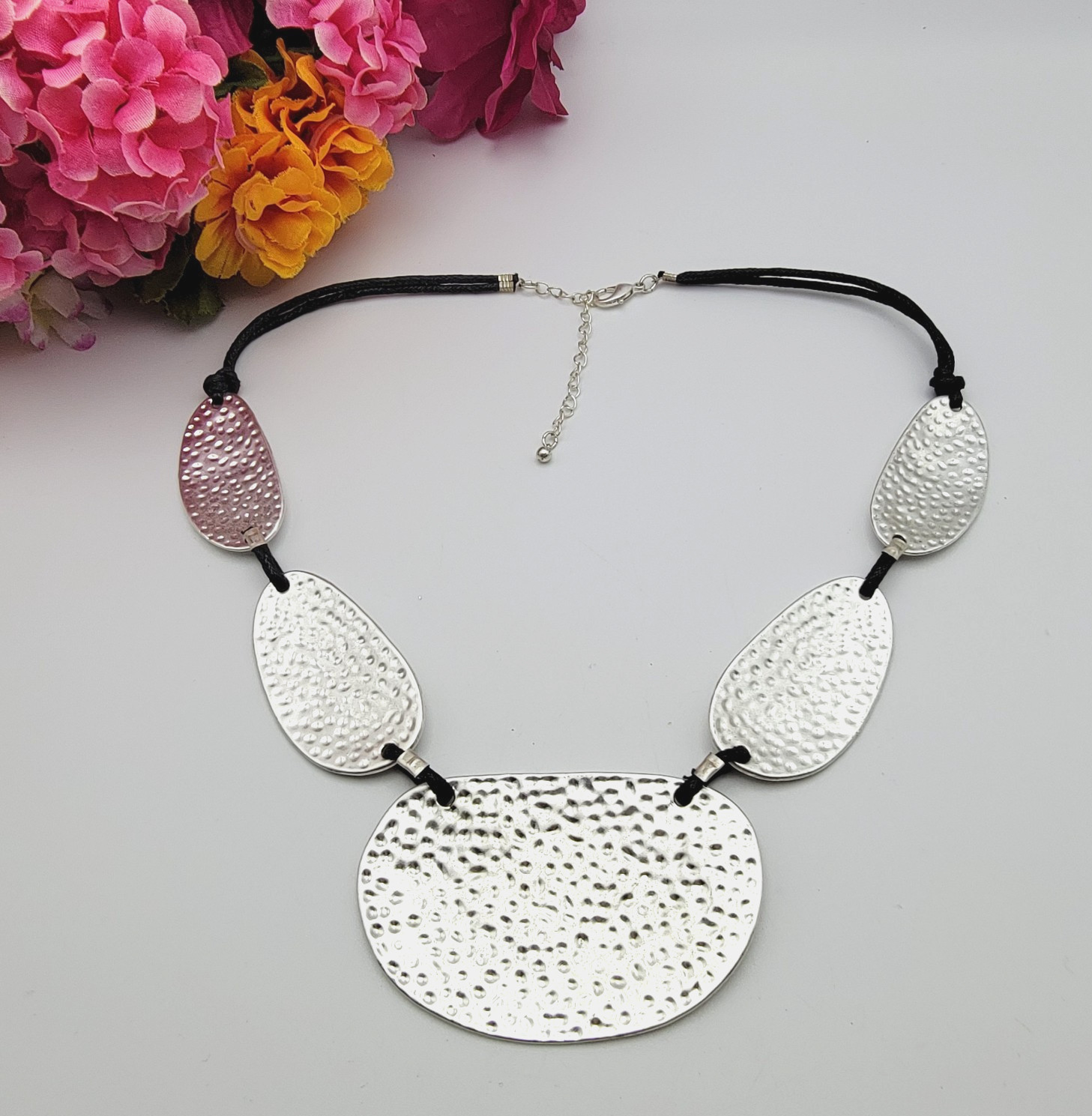 Silver Tone Hammered Metal Statement Bib Necklace… - image 1