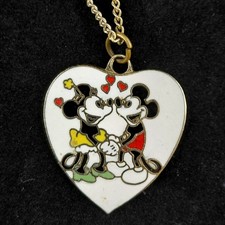   Vintage Disney MICKEY  MINNIE MOUSE Enamel Heart Gold-Tone Necklace