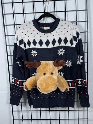 Adult Holiday Cheer 3D Reindeer Detachable Plush Christmas Sweater Mens M Navy