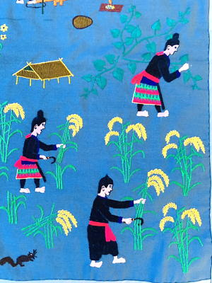 Handmade Asian Hmong Culture Story Cloth Embroidered Farm