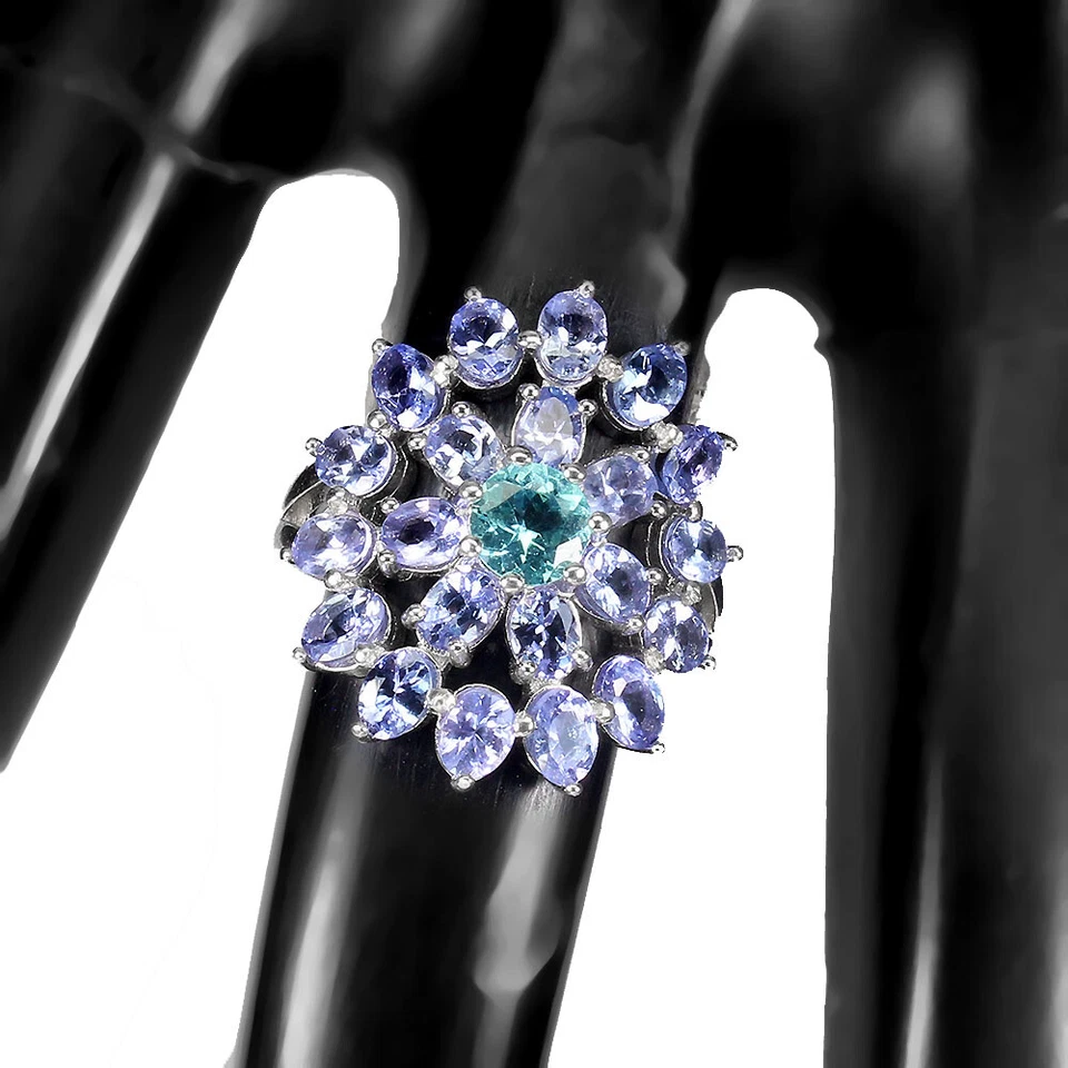 925 Anello Argento Sterling Rotondo Apatite Tanzanite Gemma Gioielli Misura 6 - Immagine 3 di 4