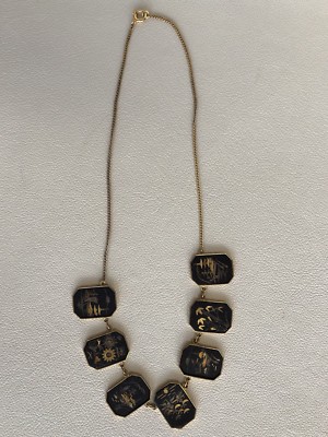 Vintage Oriental Amita Japan Gold Plate Damascene Enamel Necklace
