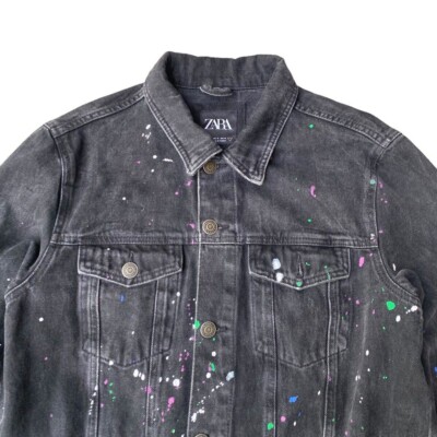 Zara Men's paint splatter black denim jean jacket medium men