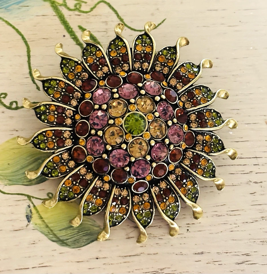 Heidi Daus Large Multi-Color Crystal Sunflower Sunburst Flower Pin Brooch