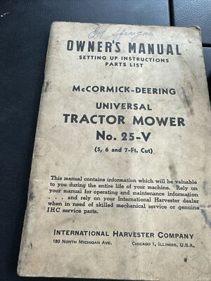 International Harvester McCormick Deering Owners Manual No. 25-V Tractor Mower