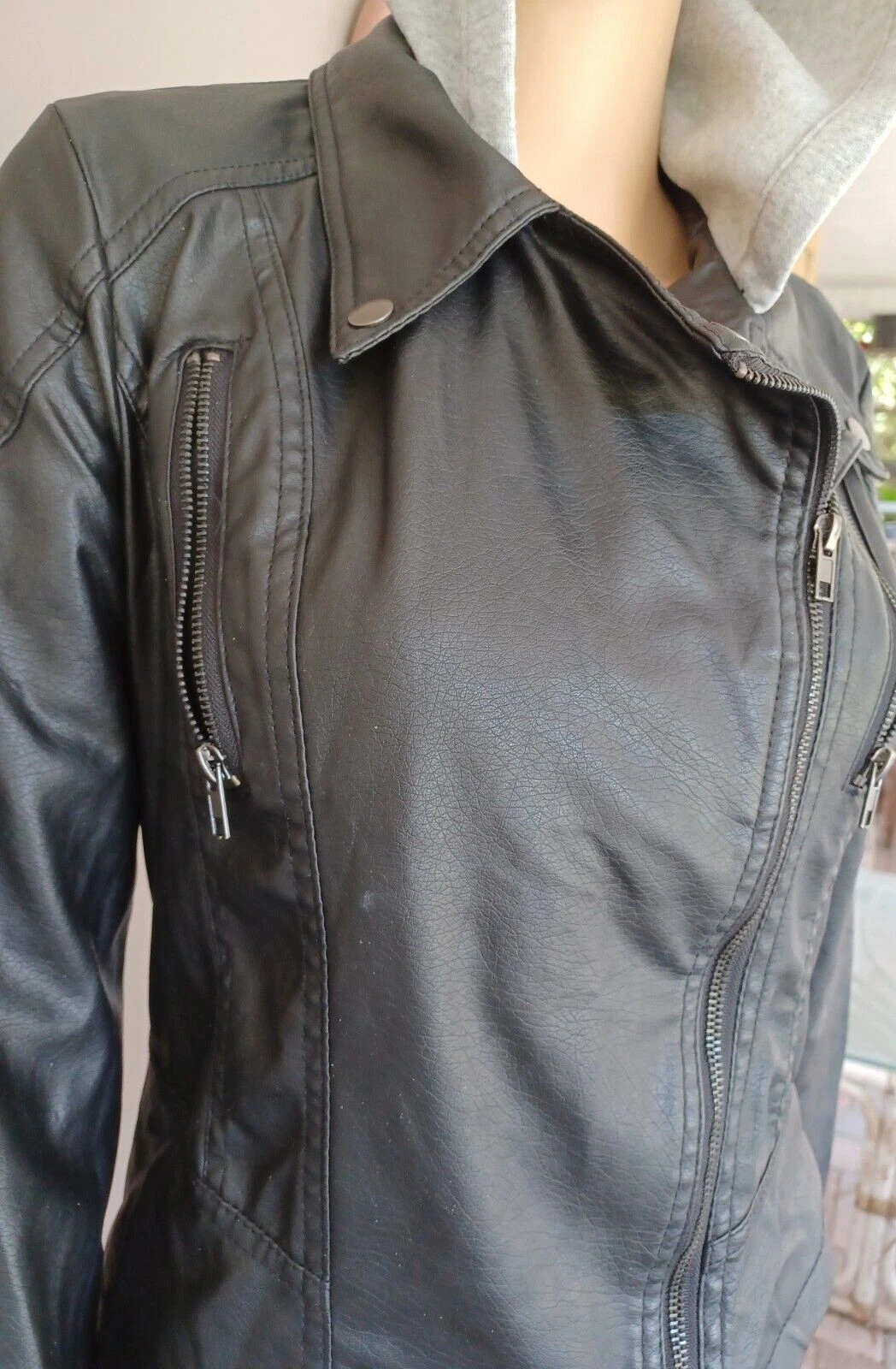 VETEMENTS Felpa nera con cappuccio Wet Seal ecopelle grigia cappuccio zip tasche foderata taglia M