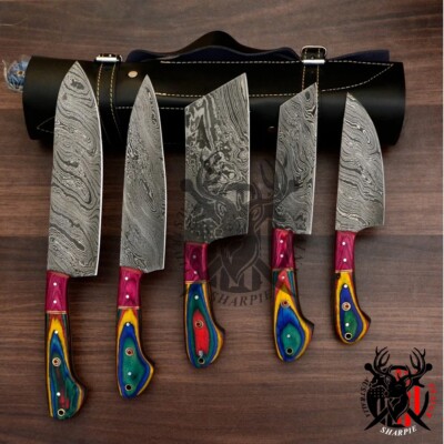 Custom made/Damascus chef knife set/ Wood & Steel On Handle with leather steath