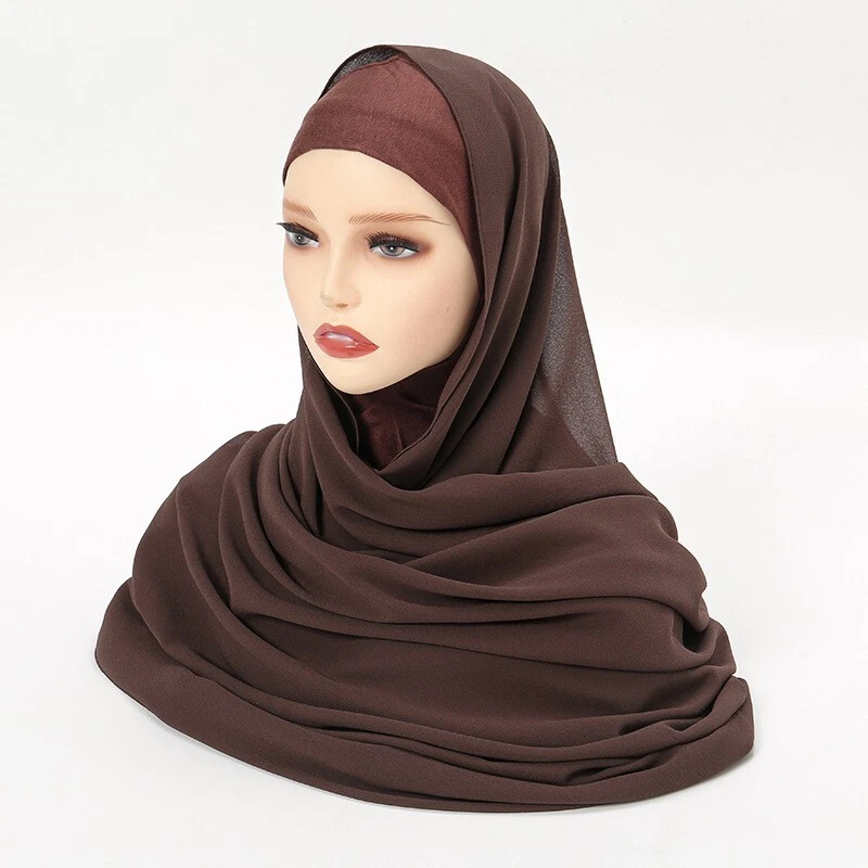 Cachecol longo de chiffon muçulmano envoltório interno chapéu feminino hijab turbante xale envoltório - Imagem 3 de 4