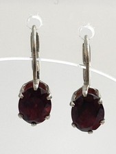 Dark Garnet Gemstone Accented Oval 25 Sterling Silver Vintage Dangle Earrings