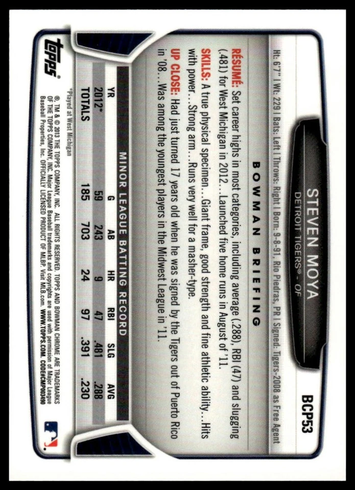 2013 Bowman Steven Moya #BCP53 Chrome Prospects - Image 2 of 2