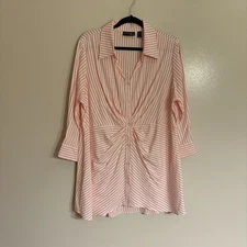 Attitudes By Renee Sz 1X Pink Striped 3/4 Sleeves Ruched Button Down Tunic Shirt