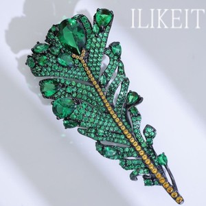 Authentic Elegant Green Gemstone Feather Brooch S925 Silver 18K Gold Plated Lapel Pin