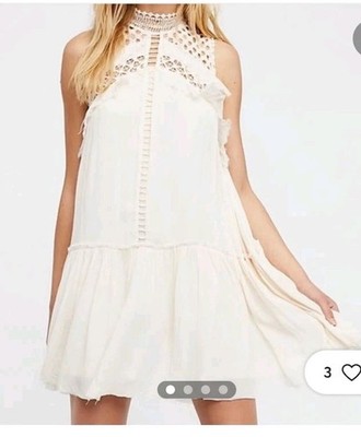 Free People One Ma Jolie Crochet High Neck Boho Ruffle Cream Mini Dress Medium