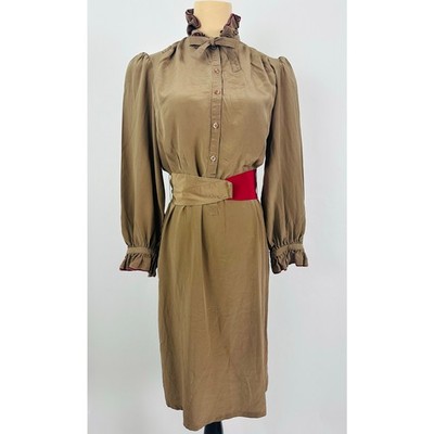 VTG Neiman Marcus Francesca of Damon Silk Dress Brown Ruffle High Neck 8 70s