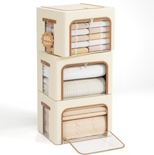 3 Pack 66L Foldable Fabric Storage Bins Clear Window Closet Organizer Beige
