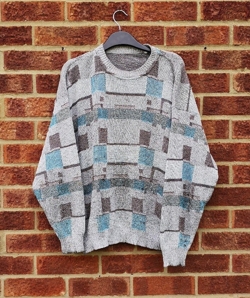 Vintage grey blue 80s jumper check patterned sweater top oversized