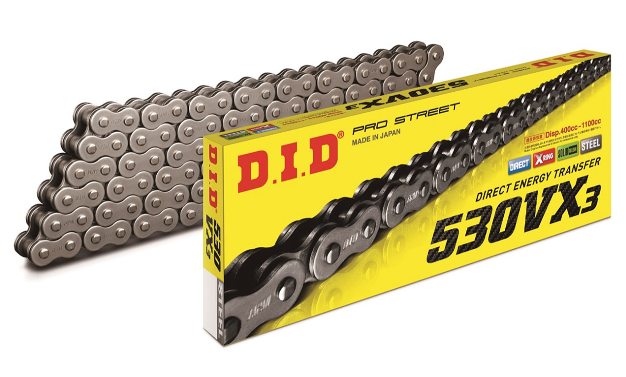 Chaîne DID 530 VX3 120 maillons en acier renforcé de fabrication japonaise