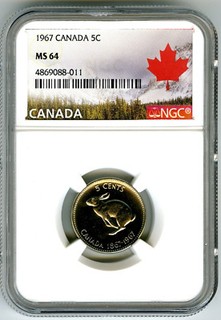 1967 CANADA 5 CENT NICKEL NGC MS64 RABBIT CENTENNIAL 1867 1967 UNCIRCULATED NICE