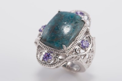 KARIS PURPLE CRYSTAL TEAL BLUE ART GLASS SILVER TONE FILIGREE SIZE 8 RING