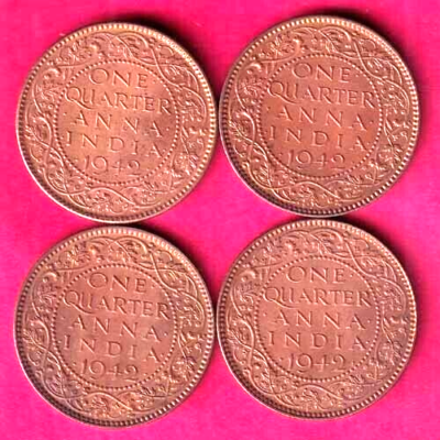 4 COINS SET-BRITISH INDIA 1942 GEORGE VI ONE QUARTER ANNA COPPER