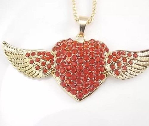 Betsey Johnson Necklace Red HEART Angel Wings Crystals GOLD Gift Box Bag - Picture 9 of 10
