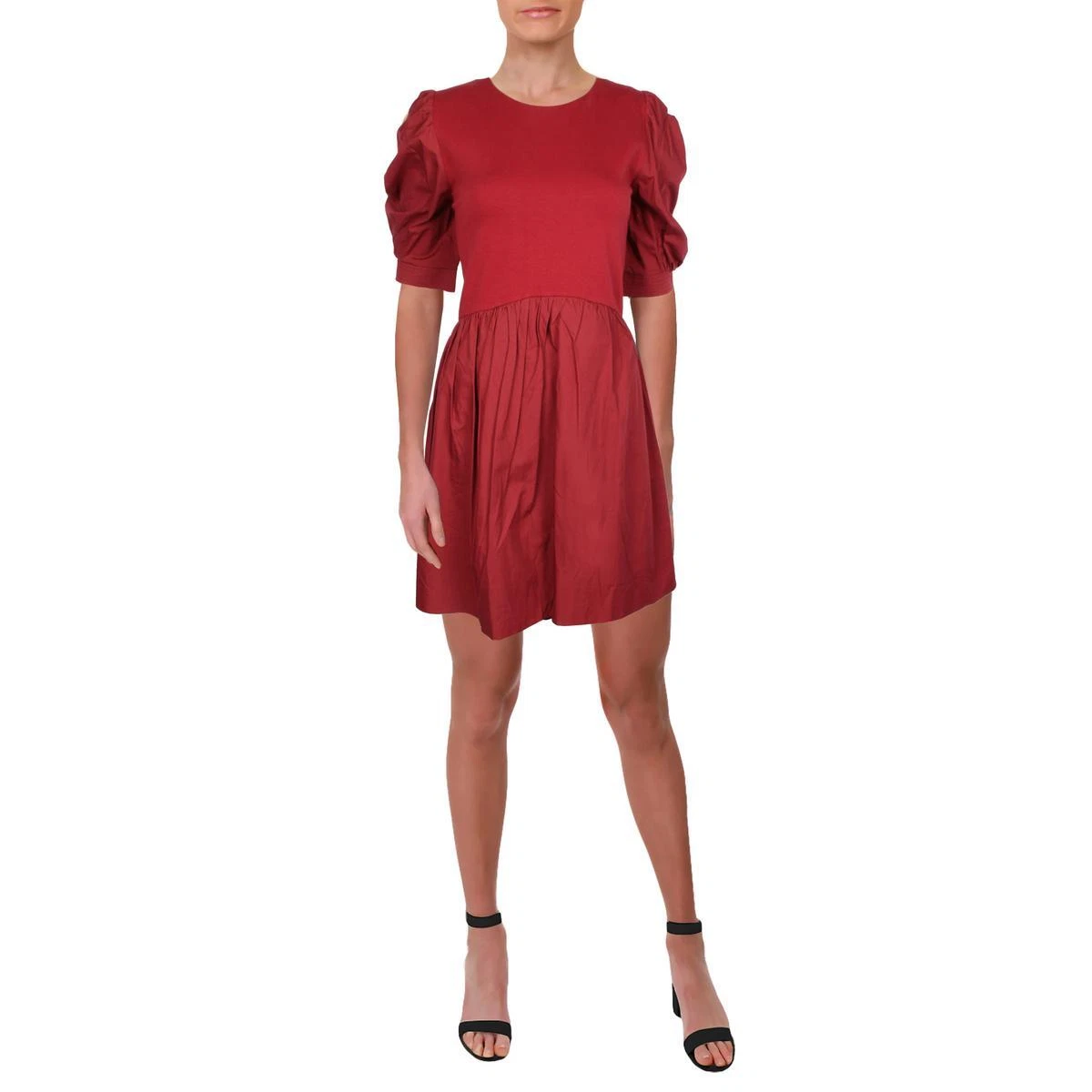 English Factory Womens Red Knit Mini Puff-Sleeve Fit & Flare Dress L BHFO 7175