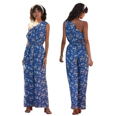 Sadie Sage Getaway Jumpsuit Size Small One Shoulder Blue Floral