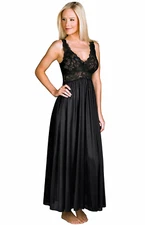 Shadowline Women's Nightgown Black Long Lace Bodice Silhouette Silky Nylon 31737