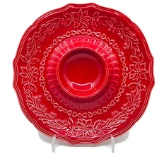 Bordallo Penheiro Majolica Red Poinsettia Christmas Portugal Chip & Dip Tray