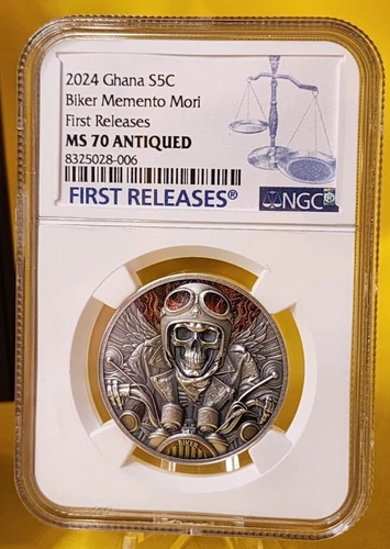 2024 Ghana 1 oz Silver Antiqued Biker Memento Mori NGC MS 70 Antiqued FR