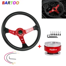 345mm Deep Dished Red Racing Steering Wheel with Ball Quick Release Adapter Kit