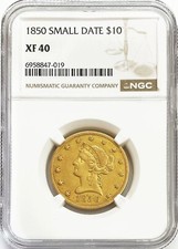 1850 GOLD SMALL DATE US $10 LIBERTY HEAD EAGLE COIN NGC XF 40 EARLY DATE