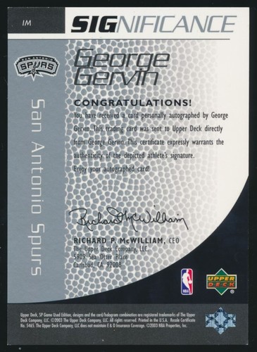 George Gervin 2003 UPPER DECK SP GAME USED SIGNIFICANCE AUTOGRAPH AUTO /100 HOF - Picture 2 of 2