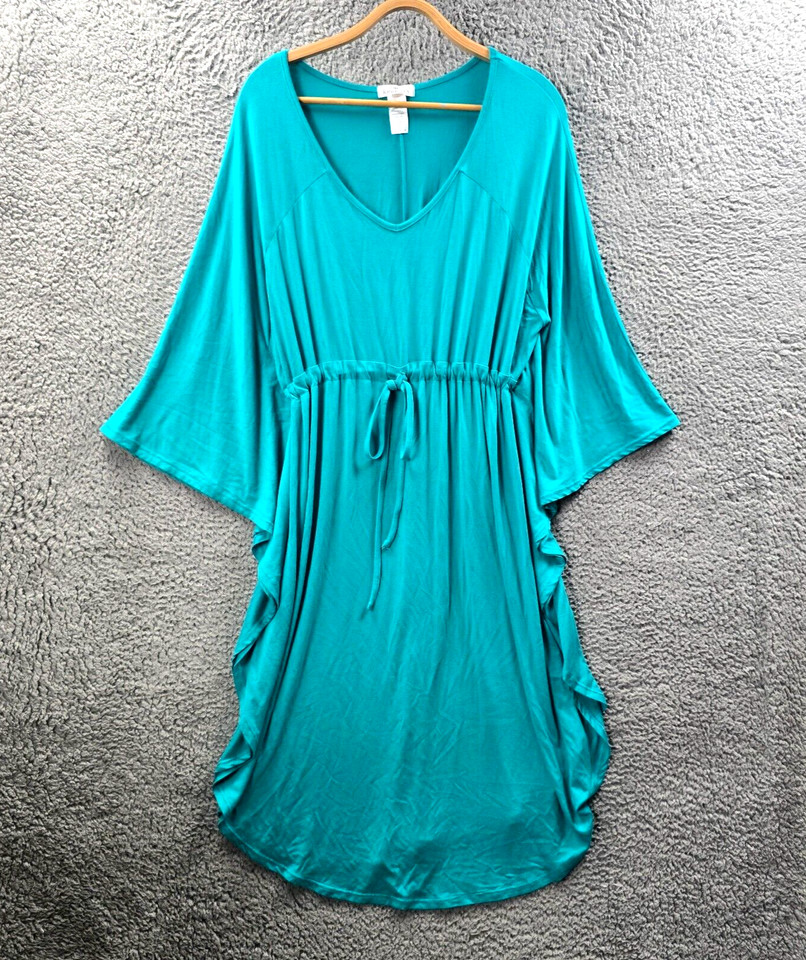 Bird Keepeers Womens Kaftan Midi Dress Size 16 Green Stretch Knit V-Neck