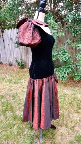 VTG 80'S ALYCE DESIGNS BRONZE & BLACK VELVET BOW ACCENT PARTY DRESS - Picture 4 of 10