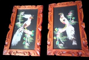 40s small bird painting feathers carved Adirondack frame handmade