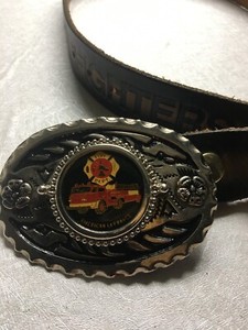 VTG American LaFrance Tooled Leather Belt America's Firefighters Enamel Buckle