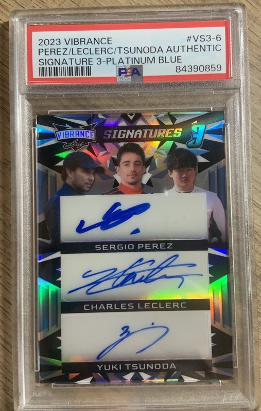 2023 Leaf Vibrance f1 Signatures 3 Perez / Leclerc / Tsunoda auto card 1/3
