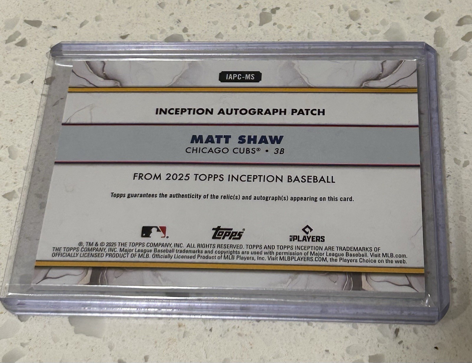 Topps 2025 Inception Matt Shaw IAPC-MS Auto Patch /75 Insert Chicago Cubs view 2