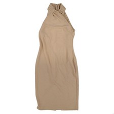 Rachel Roy Womens Formal Maxi Evening Gown High Neck Pleated Fit Tan Medium New