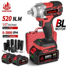 Brushless 1/2" Cordless Impact Wrench High Power Driver 2 Li-ion Battery & Case