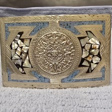 VINTAGE SILVER BELT BUCKLE ALPACA MEXICO ABALONE SHELL INLAY MOSIAC 3.5  X 2  