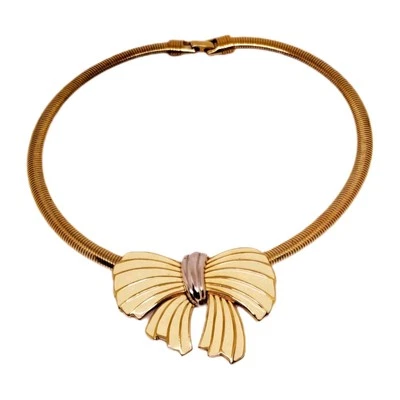 Vintage Trifari Gold Choker Necklace Enamel Bow   - Image 1 of 4