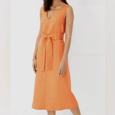 Ann Taylor Orange Linen Blend V-Neck Tie Waist Midi Dress XS Summer
