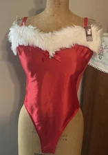 Adore Me Bodysuit Sz L Clausette Satin Bow/Jingle Bell Detail FauxFur Trim NWT