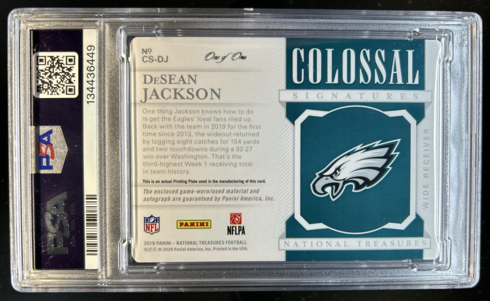 2020 National Treasures DeSean Jackson 2019 Patch Printing Plate Auto #1/1 PSA 9 view 2