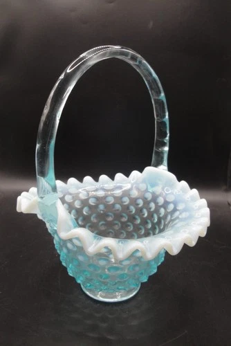 Vintage Fenton Blue Opalescent Hobnail Glass Basket Ruffled Edge Applied Handle