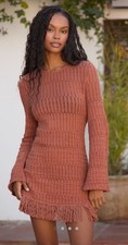 NWT Anthropologie Long-Sleeve Knit Mini Dress Fringe Bottom Cocoa Brownish XXS!!
